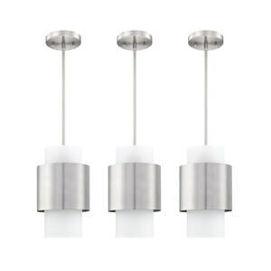 3 Pack Hanging Pendant Ceiling Light, 6" Drum, Frosted Glass, Brushed Nickel